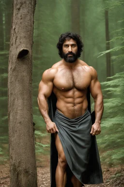 1980's massive male muscular strong arab man , very virile, hairy chest, age 40, muscle daddy, beard, short hair, strong armpits, in a wood, viril chest, opened raincoat