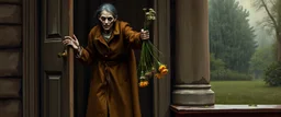 painted by Rembrandt, Maya is standing in the doorway with one hand still on the handle. She looks surprised, but not frightened. The zombie is wearing an old brown coat with patches on the elbows. His shoes don't match. What's surprising is that he's carrying a bunch of wildflowers. One of them has slipped from his hand and landed upside down on the porch. The rain is falling everywhere except on the flowers. That's a little strange. The story doesn't mention it.