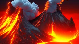 Massive volcano erupting with smoke and fire and ash