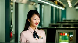 A very pretty Asian model in an air hostess uniform looking out of the window