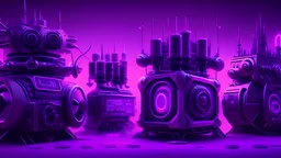 five different giant magic generator machines side by side with lots of gadgets, purple tones, dreamy, psychedelic, 4k, sharp focus, volumetrics, trippy background