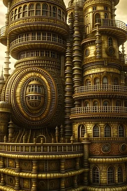 Steam punk extremly detailed textured spirál building citiscapes