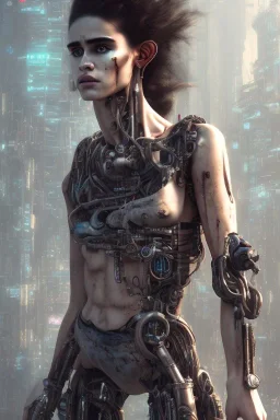 A portrait post-apocalypse cyborg Sofia Boutella in a cyberpunk city, sci-fi fantasy style, 8k, volumetric lighting, particales,highly detailed,cinematic, deep scars on face,deep colours.