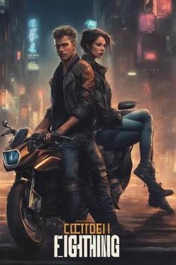 Science fiction, cyberpunk, city street, couple girl and guy, together, love at first sight, forbidden love, storm, lightning, motorcycle