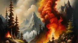A burning rocky mountainside, raging fire, plumes of smoke, flaming trees, realistic, medieval, painterly, Bob Ross painting