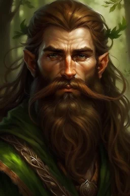 Gnom, braune lange wilde Haare, große, dicker Nase, gepflegter kinnlanger Bart, grüne Augen, schlank, hübsch, sehr jung, Druide