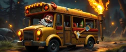 Gnome bus blues, driving to the fight, Metal riffs echo through the night. Coins in his pocket, smiles all around, He’s the happiest driver in all the battleground. (Verse 2) Goblins shout, axes clink and gleam, The kids are gone, but he keeps his dream. Horn goes “BRRRAAAM,” the drums collide, make it realistic 4d graphics