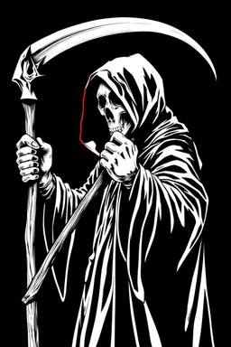 hooded Grim-Reaper gripping scythe(upward), vignette, black and white graphic novel style with a red outline, and black background,
