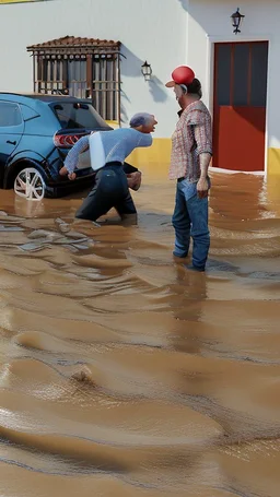 A natural phenomenon, floods in an Alentejo village with two politicians on the scene 1943. Mario Soares and Cavaco Silva- Shot on Canon EOS R5, 50mm lens, depth of field, shutter speed 1/1000, f/2.8, white balance, 6000k. High resolution, realistic details, HDR efects, film grain, 4K. –ar 9:16 –s 700 –q 5