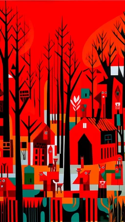 A red forest with tribal huts painted by Stuart Davis