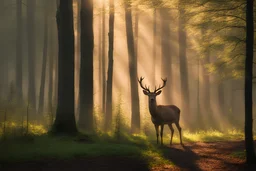 foggy morning in the woods, sun is shining through the trees, rays and shadows of the trees are seen in the fog, springtime with fresh green leafs, male deer is standing between the trees