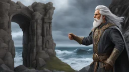 The stately and wise sorcerer named Pealda Stormbringer is walking on a rocky beach looking at a stormy ocean. He is dressed as a lord. He has grey hair and a white beard. beautiful light brown leather gloves. no jewelry. everything is intricately sculpted, exquisite realism, fantasy art, identical eyes, perfect face, Hyperrealistic, splash art, concept art, mid shot, intricately detailed, color depth, dramatic, 2/3 face angle, side light, colorful background