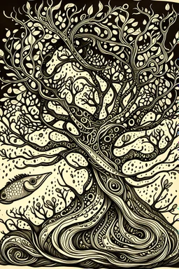 Fantastical fish with long fins and tail swimming among tree roots, gracious, surrealist ink drawing