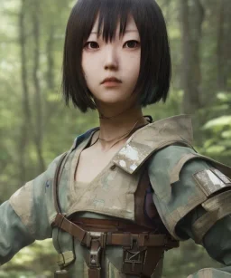 Anime girl neck head portrait, warrior costume, village, meditation, woods, cyberpunk, 8k quality