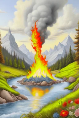 Water, air, little fire, earth, Real swiss mountain landscape, Joy happiness, hyper real,