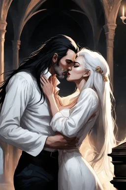 Remove his beard. Strahd Von Zarovich being kissed by a beautiful woman with white hair, wearing an off the shoulder dress. Settling and background are a lavish toomb with an ebony coffin. Remove his beard.