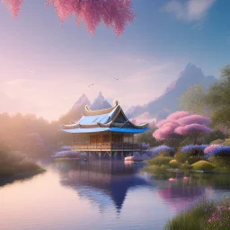 jolie petite maison asiatique lacustre, lac turquoise, ciel rose et bleu, lumière, fleurs délicates, ambiance très réelle, 8k, Cinematic lighting. Photorealistic