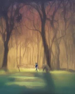 park mystical dream, park bench, man, woman, child, dog, trees, path, bird, sunshine, mystical, fantasy, romanticism, pastel colors, daylight, daytime, acrylic painting, detailed, soft focus,