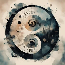 Double exposures:: yin yang symbol by Andreas Lie and Dan Mountford; illusion of time in a clock face vision; by Bojan Jevtic, by Victo Ngai; Splash art, intricate detailed, double exposure photo layering, roman numerals, hyperdetailed, watercolor and ink, loose brushstrokes, dramatic, reflective, moody, beautiful