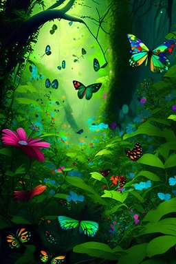 Green forest with flowers and many colourful butterflies