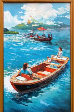 on the boat on a long journey, japanese modern pop art