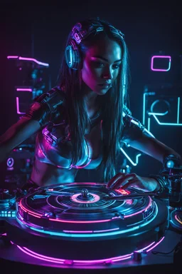 Cyborg Girl playing turntable dj pleyer in a dark neon room