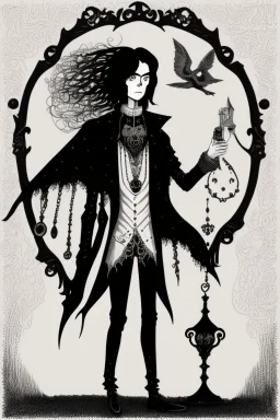 black haired young man necromancer wizard with gothic jewelry in the style edward gorey