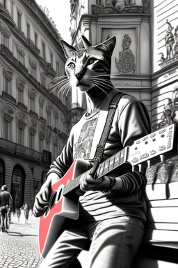 One single mature street cat, friendly, playing guitar, vienna, sunny day, perfect iris, model style, hyper realistic, extremely accurate, delicate, extremely detailed, Graphic novel style, colours, wide-angle, open aperture, superfine pencil