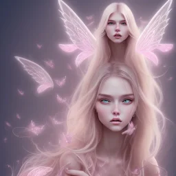  beautiful, soft, big smiling face, pink and brilliant atmosphere, long straight blond hair, big fairies transparent wings in the back