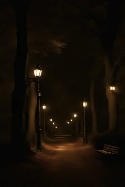 Park at night with lanterns, square bench, and dirt roads, trees, gothic horror films influence, creepy, photography