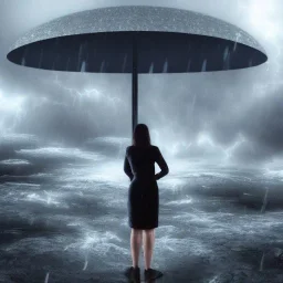 A princess standing in wait. Epic scale. Heavy cold rain. Thunderstorm. An engineer looking up. Futuristic scenary. Gray mist.