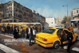 men models in a street in a taxi oil painting