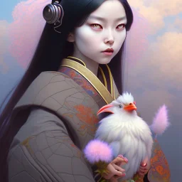  storybook illustration of cute little tengu yokai girl, raven-black hair, wearing a kimono, digital painting, pastel, illustration, art by artgerm and greg rutkowski and alphonse mucha, procreate, epic, fantastic, featured on cgsociety.art by Greg Rutkowski, Alphonse Mucha, Artgerm