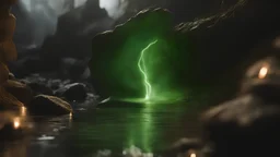 photoreal extreme close-up of a magnificent green light flooding from an exploding barrel on a dark stone cave floor, otherworldly, in the style of fantasy movies, photorealistic, shot on Hasselblad h6d-400c, zeiss prime lens, bokeh like f/0.8, tilt-shift lens 8k, high detail, smooth render, unreal engine 5, cinema 4d, HDR, dust effect, vivid colors