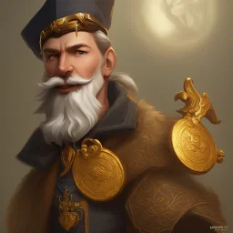 pompous little man with white moustache in a black coat holding a golden coin, medieval fantasy, character art, concept art, stylized