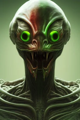 green alien, head, evil, red eyes, big silver teeth, weapons, blood, 8k, finely detailed, photo realistic, HR Giger style