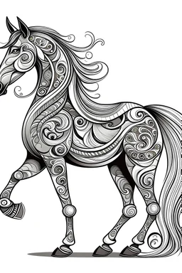 Rebel Horse Scheme: Wild horse character with long tail, round ears and big mouth. He can have large eyes and a strong, agile body. White background drawing Pattern, full body, use only outlines, mandala Style, clean line art, white background, number Shadows are clear and well defined