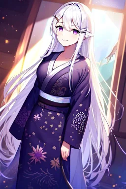 girl, masterpiece, best quality, cinematic lighting, detailed outfit, vibrant colors, perfect eyes, white hair, purple eyes, long hair, dragon pattern kimono, indoors, light rays, hairclip, smile,