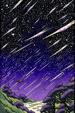 A violet outer space with shooting stars painted by Utagawa Hiroshige