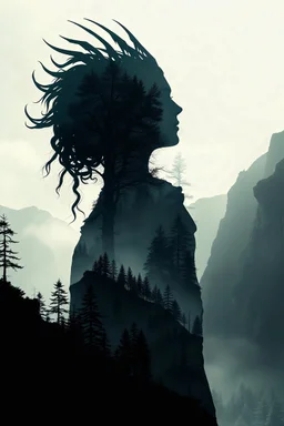 Silhouette of a Nordic queen filled with a forest , cliffs and fjords. double exposure, crisp lines, detailed background. Surrealism. Grotesque. Mystical lighting, super detailed photo realistic image symbolising the inexorability and inscrutability of Time. Superimposition of images. Light fog. Photo with fantastic beasts and vivid allegories typical of Dürer. Abstract surrealism, stylized dramatic art with a touch of Renaissance symbolism. Minimalist design intertwined with detailed, strange