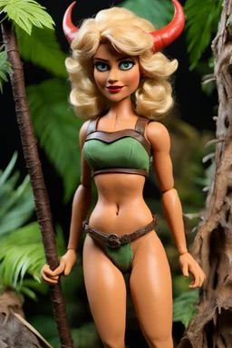 (1960's stop-motion animation puppet, in the style of Ray Harryhausen) Close-up shot of Shanna the blonde She-Devil, the jungle girl, executed as a handcrafted articulated armature puppet. She stands 10 inches tall within a detailed stop-motion diorama of a primordial jungle, built with layers of textured painted paper, foam, dried moss, and miniature tropical foliage. Shanna wears a carefully stitched leather and felt leopard print two-piece swimsuit (revealing outfit) with micro-textures
