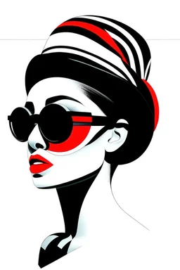 minimalist portrait photography, digital art, opart, woman face painted red, black and white dress, round black sunglasses, black and white swimming cap, side view by Franck Gerard