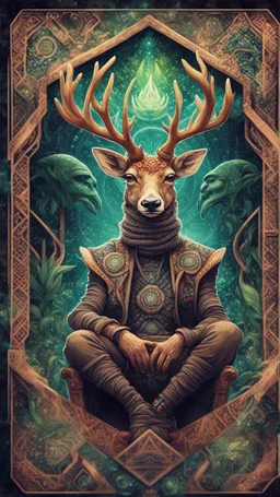 mandala style framed playing card illustration, close up portrait of a happy blessed ancient magical scaly slimy weird deer mad max soldier posing for photo shoot on a throne, holding a burning sceptre, in a space alien mega structure with stairs and bridges woven into a sacred geometry knitted tapestry in the middle of lush magic jungle, bokeh like f/0.8, tilt-shift lens 8k, high detail, smooth render, down-light, unreal engine, prize winning