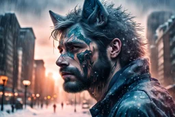 double exposure, Wolf Man, man, city, sunset, snow, rain, fantasy, mystical, tattoo, vertical pupils, high detail, high resolution, 8K