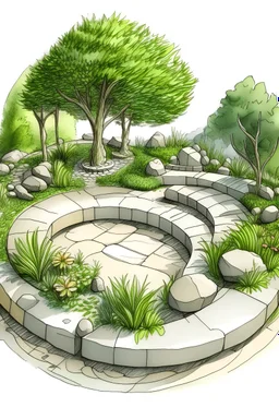 Create an artistic handrawn sketch of Circular seating areas made from natural stone, surrounded by lush landscaping and designed for meditation and relaxation.