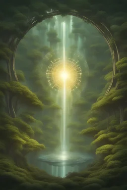 Apocalyptic urban setting with a huge portal being generated in mid air. The border of the portal is made of a wispy translucent white and golden lacy light with geometric fractal patterns. Inside of the portal, a peaceful lush forest setting with a waterfall can be seen distinctly juxtaposed with the dismal setting outside of the beautiful portal