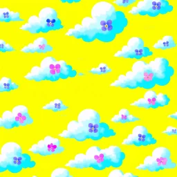 a yellow background that shifts upwards into a sky blue, white puffy clouds highlighted with pinks and pastel violets