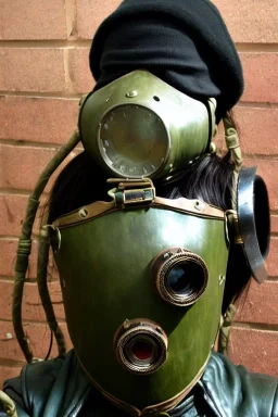 Steam-punk style random-mask. Large fencing mask covers chin and cheeks. Hot girls. Reflective surface on face, full coverage, reflective. Camera lenses as eyes. Head full of integrated old-fashioned cameras and phone. Army green surfaces body, latex. Perfect body, thick thighs and calves. Asa Akira. SElfie. Hyperboloid.Wide hip, skirt bleats nicely. Partly symmetrical. Straitjacket. Rusty and decayed background. Steam-plunge air-bottles. Euclidean 3D-tiling walls. surrealistic atmosphere