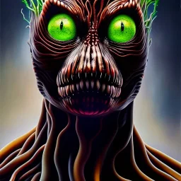 Ultra detailed fullbody Portrait in oil on canvas of Venom merges with Groot,extremely detailed digital painting, extremely detailed face,crystal clear Big eyes, mystical colors ,perfectly centered image, perfect composition, rim light, beautiful lighting,masterpiece,8k, stunning scene, raytracing, anatomically correct, in the style of robert e howard and Ken Kelley and Ohrai Noriyoshi and Simon Bisley and tomzj1