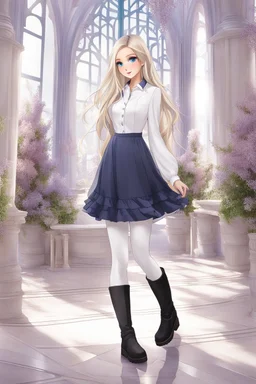 full body standing beautiful 20 year old girl with ash blonde hair and blue eyes with her long hair down, wearing a white sleeved shirt and nice sarifon dress, and lilac long leggings, with long black boots full body shot